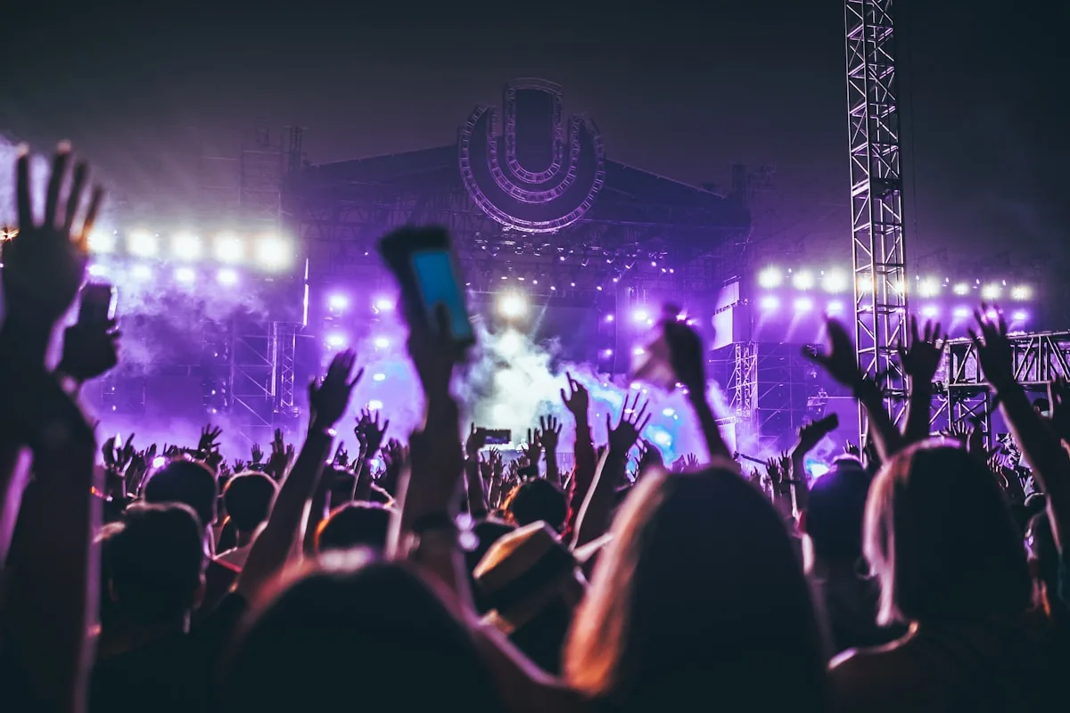 Crowd enjoying an outdoor community festival concert with colorful stage lights at night